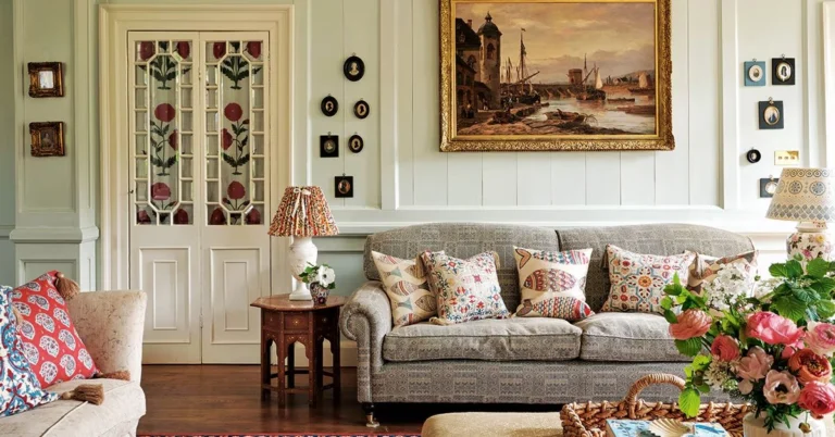 compact UK living room with vertical shelving and light colours
