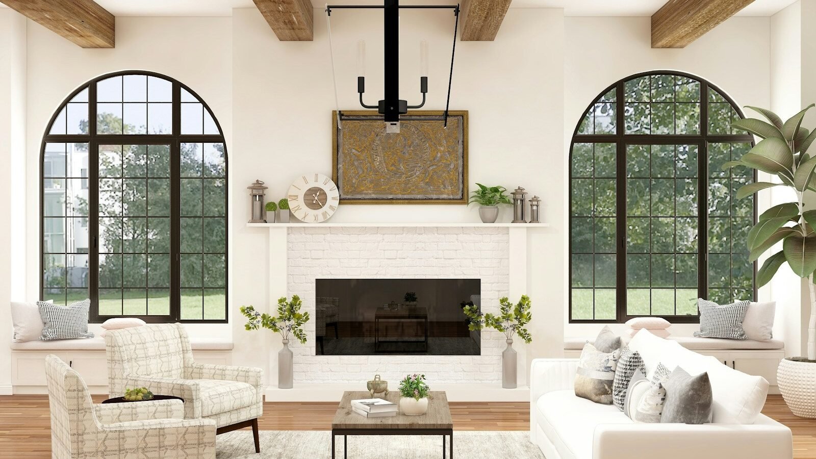 carefully styled home accessories on shelves in a calm interior
