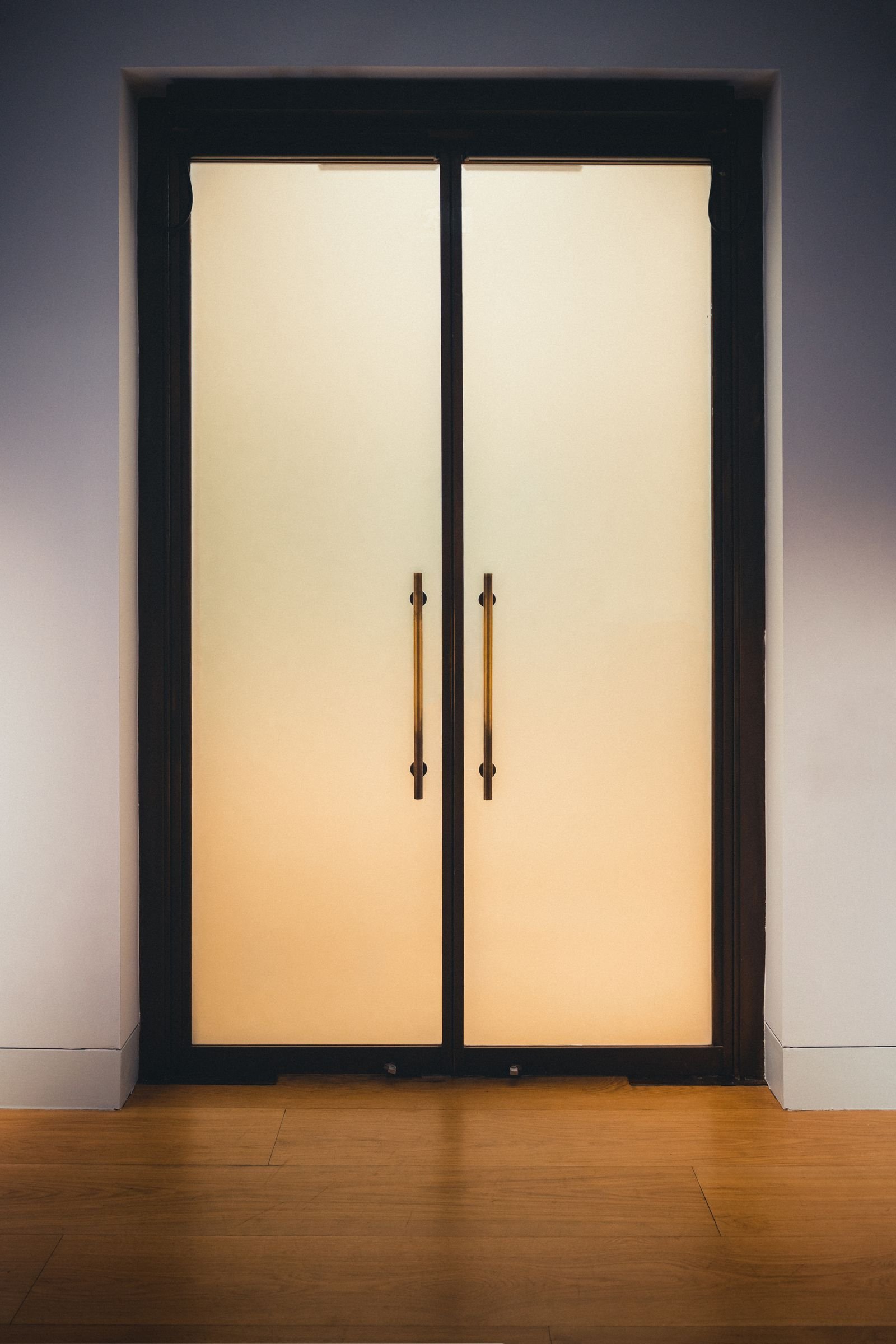 Close view of frosted glass internal doors in a modern home