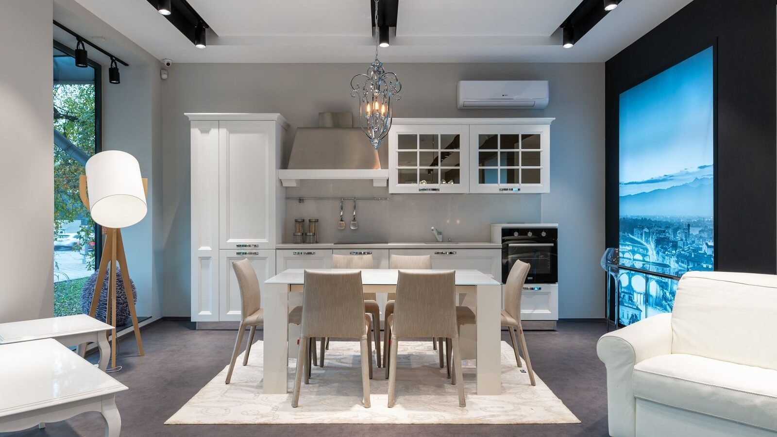 Kitchen dining area with a rug positioned beneath the table