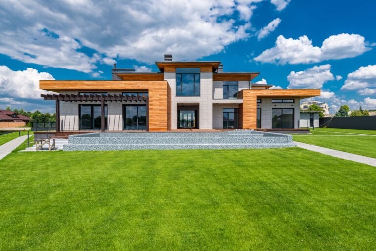 Contemporary new-build home with a simple lawn and garden