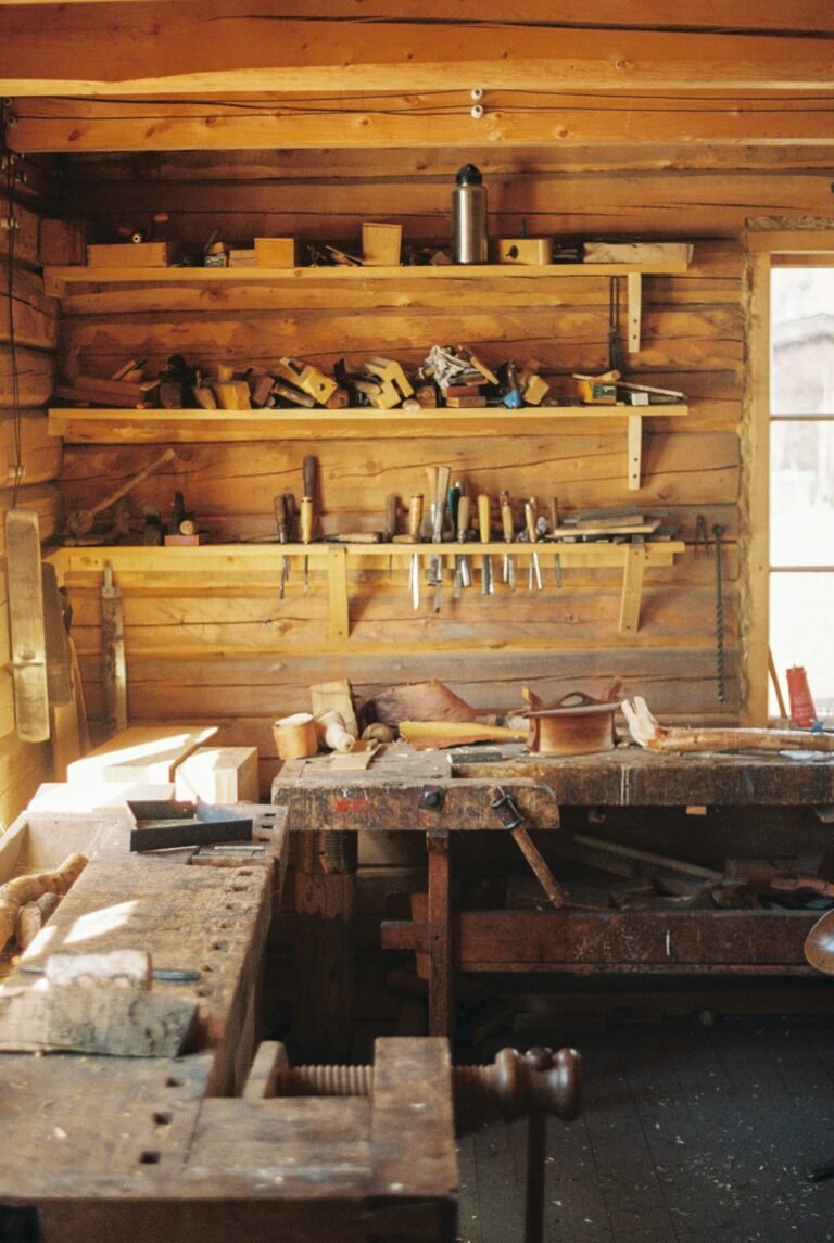 Woodworking workbench with hand tools arranged for a project