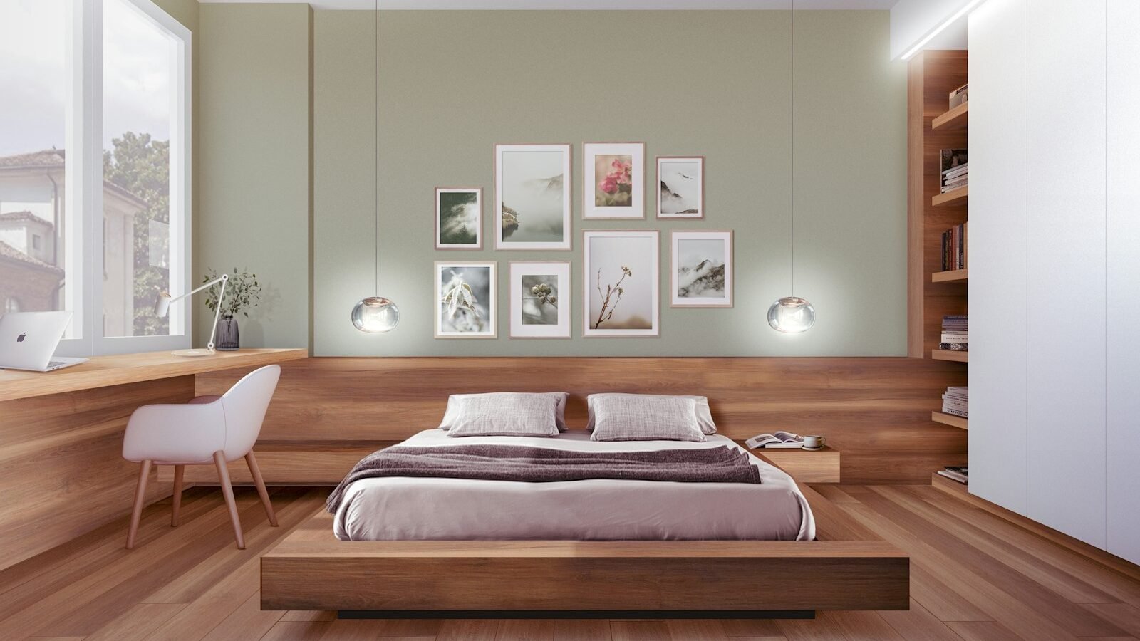 Made bed beside a bright bedroom window