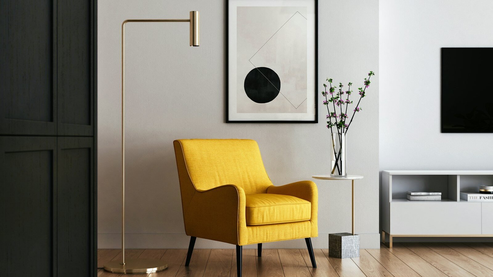 small armchair tucked into a compact living room corner