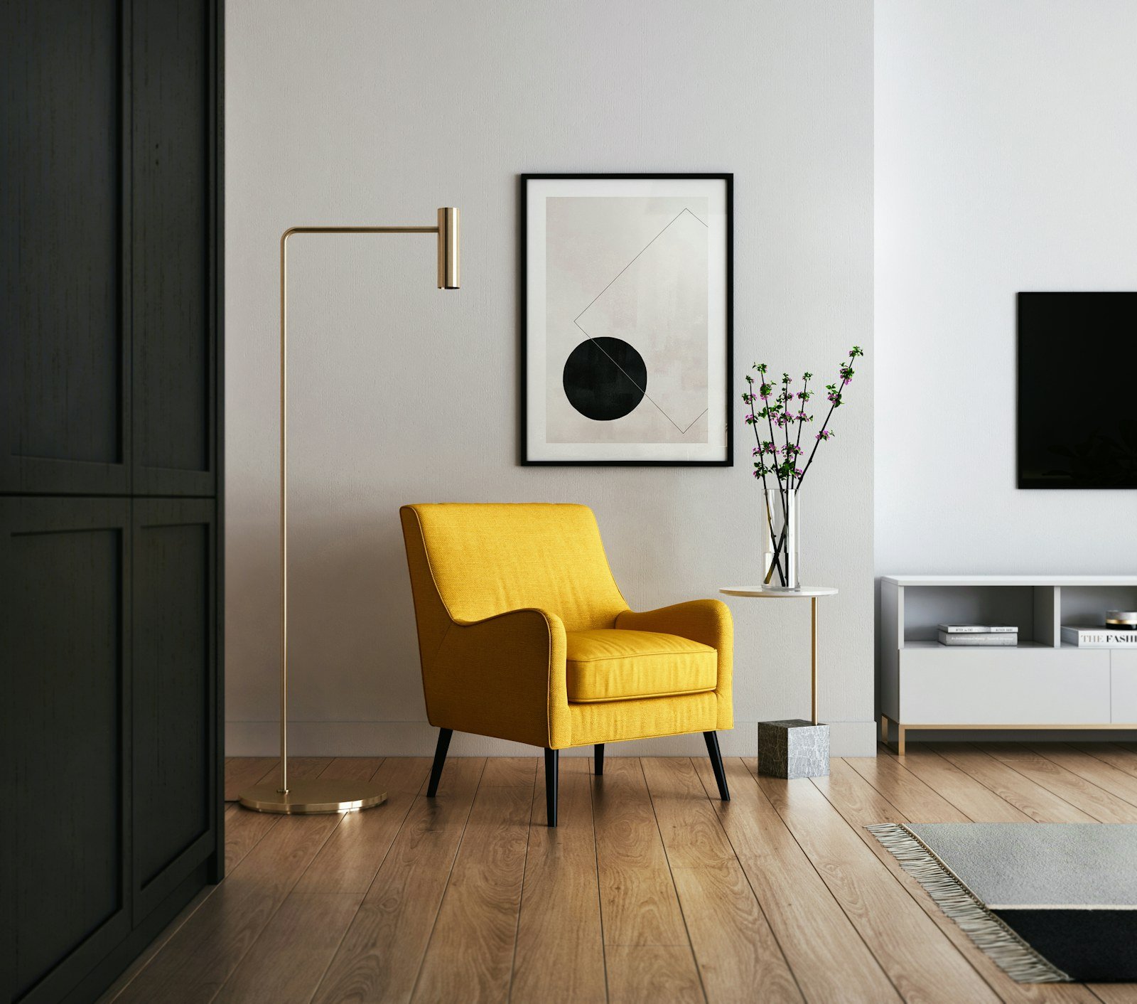 small armchair tucked into a compact living room corner