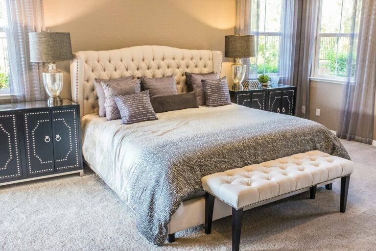 Modern teenage bedroom with a made bed and flexible neutral decor