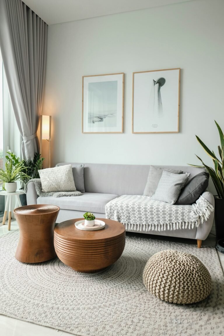 Round seating area and rug in a bright living room