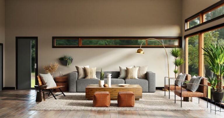 Dark oak furniture styled in a warm living room