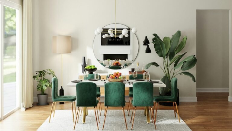 Oak dining chairs around a wooden dining table