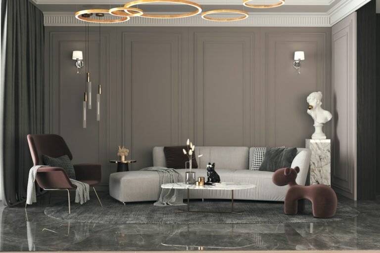 Quiet luxury living room with neutral furniture, panelled walls, and layered lighting