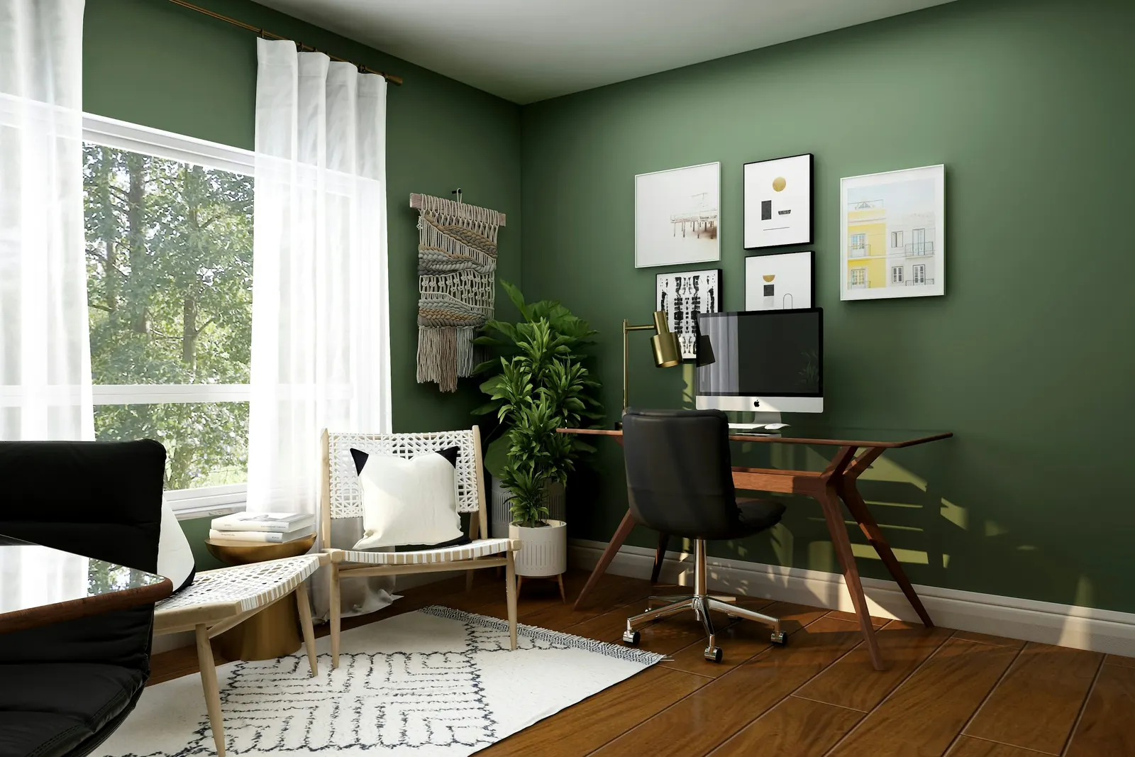 Home workspace with desk and shelving in a compact room