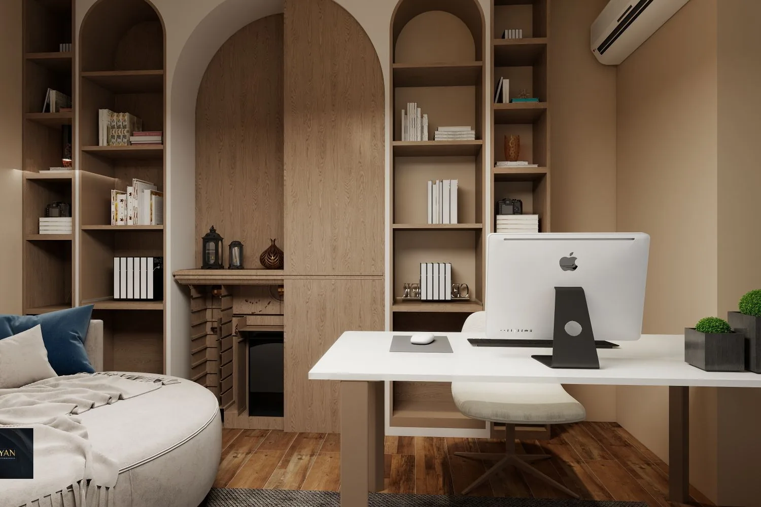 Small desk and chair positioned in a light home interior
