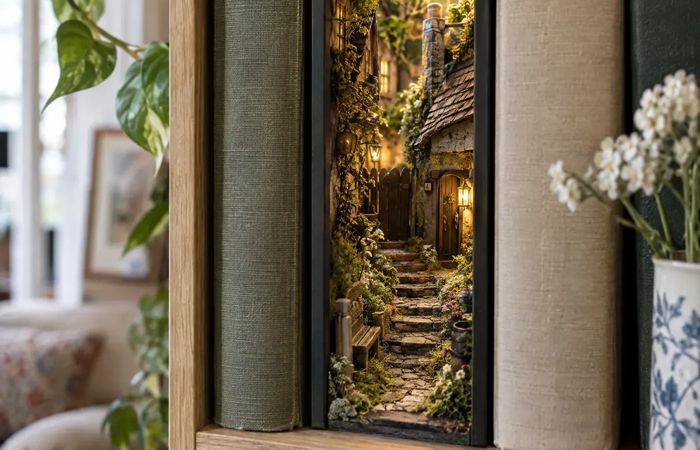 Photorealistic concept of a miniature woodland scene between books on a shelf