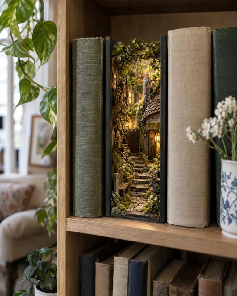 Photorealistic concept of a miniature woodland scene between books on a shelf