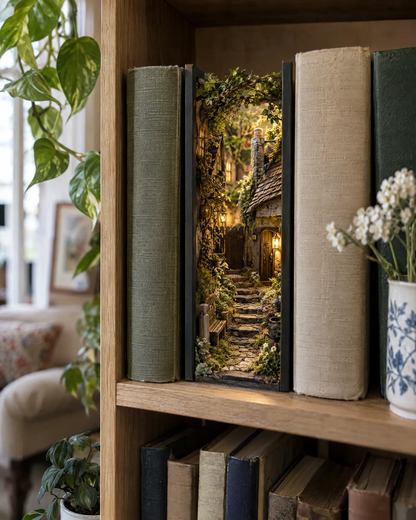 Photorealistic concept of a miniature woodland scene between books on a shelf