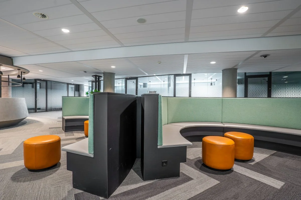 Contemporary office lobby with lounge seating