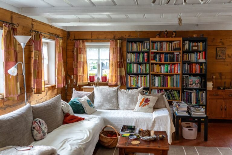 Rustic-style UK living room with natural wood, wool and linen textures
